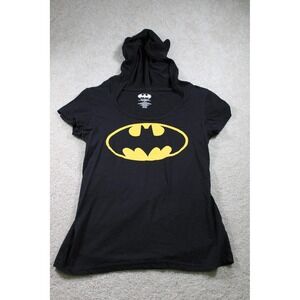 Batman Shirt Womens Large Black Yellow Logo Hooded DC Comics Superhero Tee Top